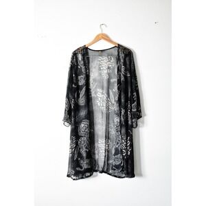 24/7 Comfort Duster Cardigan Womens 1X Black Grey Modern Paisley Sheer Kimono